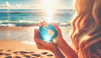 Hands hold a glowing globe by the beach as sunlight reflects on the ocean.
