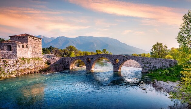 stunning spring view of old mes bridge gorgeous morning landscape of shkoder colorful outdoor scene of albania europe traveling concept background