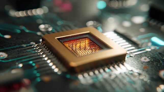 Closeup of quantum computer chip under lab microscope