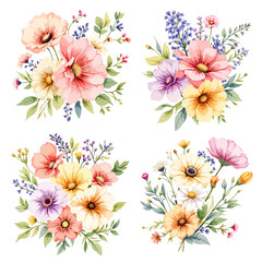 Set of watercolor flowers on white background
