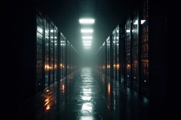 Artificial intelligence interface glowing in a dark data center