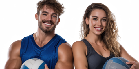 Athletic Couple Smiling with Ball: A dynamic duo of fitness enthusiasts exudes vitality and positivity, their radiant smiles complementing a volleyball.