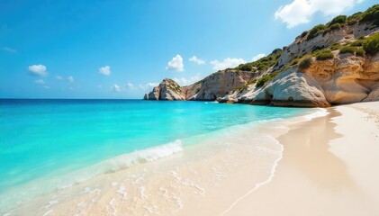 Fototapeta premium Sun-drenched beach in Mallorca, turquoise water laps gently at the shore, white sand sparkles under the summer sun Perfect for travel, holiday, and vacation imagery , paradise, vibrant