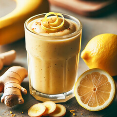 Creamy banana, lemon, and ginger smoothie in a glass is garnished with lemon zest and surrounded by fresh ingredients on a rustic wooden surface.