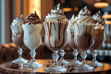 Delicious Chocolate Sundaes in Elegant Glasses – Gourmet Dessert Presentation Generative AI