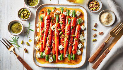 Sweet and savory glazed carrots elevated with creamy feta and crunchy pistachios.