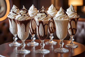 Delicious Chocolate Sundaes in Elegant Glasses – Gourmet Dessert Presentation Generative AI.