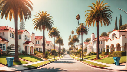 Tranquil suburban living with palm-lined streets and vibrant homes.