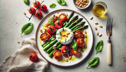 Grilled asparagus and roasted cherry tomatoes served with burrata, pine nuts, basil, and olive oil.