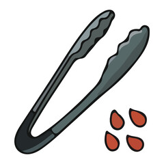 A cartoon drawing of a pair of metal tongs with four small, red, seed-like objects below them on a white background.