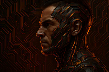Cybernetic man with dark metallic aesthetics and glowing orange circuits on his face and neck stands against matching circuit board background