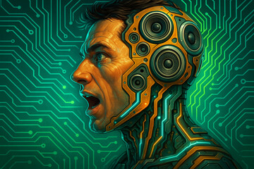 Cybernetic man with intricate mechanical aesthetics and glowing circuits expresses intense emotion against futuristic digital background