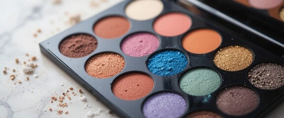 Colorful eyeshadow palette on a marble surface with loose powder