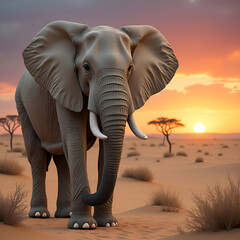 Title: Desert Giant: An Elephant's Solitary Journey at Sunset

