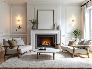 Beautifully designed living room with modern furniture and fireplace.