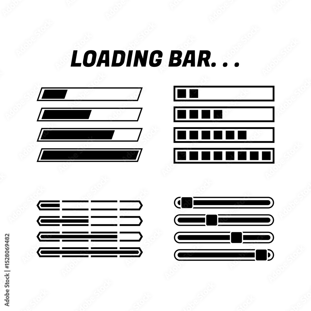 Poster Set of Loading Icons and Progress Bar.  Horizontal Load Indicators.