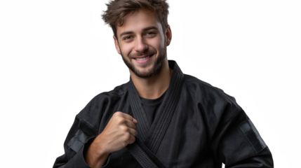 Strong Fighter's Portrait: A determined martial artist in a black uniform, exuding confidence and discipline. He stands ready, focused and prepared for competition or practice.