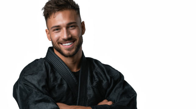 Smiling Martial Artist: A portrait of a smiling man, arms crossed, wearing a black martial arts gi. He exudes confidence and tranquility.
