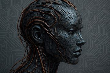 Cybernetic female head with intricate aesthetics and circuit like patterns creates futuristic and artistic representation of technology