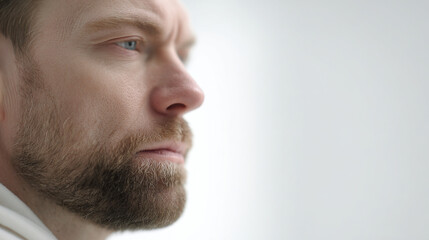 portrait of man with concentrated expression placed in right corner of frame