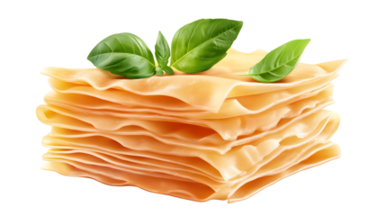A stack of lasagna with a leaf on top. The lasagna is made of pasta and cheese