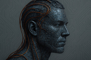 Cybernetic human head with intricate aesthetics and detailed circuit patterns showing futuristic technology and artificial intelligence design