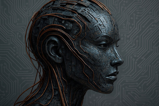 Cybernetic female head with intricate aesthetics and circuit like patterns creates futuristic and artistic representation of technology