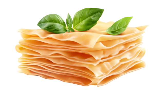 A stack of lasagna with a leaf on top. The lasagna is made of pasta and cheese - Powered by Adobe