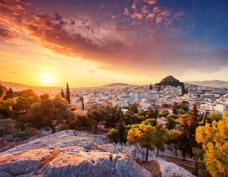 spectacular morning cityscape of athens urban summer scene of greece europe wonderful sunrise in the big sity traveling concept background