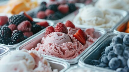 An appealing array of ice cream flavors displayed in metal containers, topped with fresh fruits, showcasing the colorful diversity and indulgent excitement of this beloved dessert.