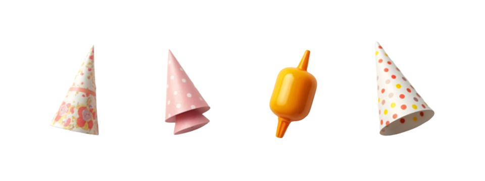 A group of three different colored paper cones