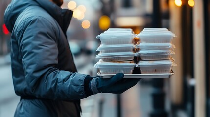 Delivery worker in uniform holding multiple food boxes while standing outside a residential building. Promotional content. The background space for text.