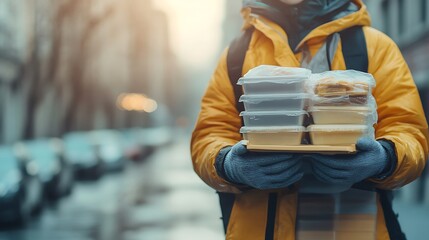 Delivery worker in uniform holding multiple food boxes while standing outside a residential building. Promotional content. The background space for text.