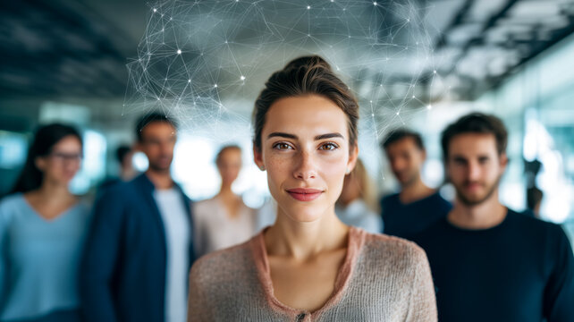 Team intelligence: woman leads a group of professionals, connected by a digital network, representing collaboration and innovation