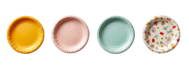 A set of four paper plates with different designs on them.