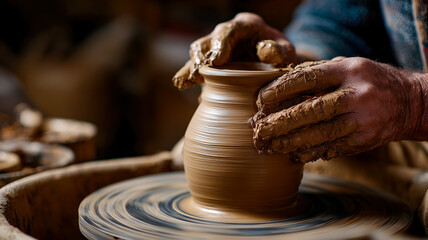 Hands shape clay on a pottery wheel into a small vase. Crafting pottery with hand shaping. Artisan creating traditional pottery.