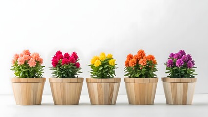 Five colorful celosia plants in wooden pots