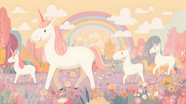 Cartoon Unicorn Meadow Flat Illustration smiling
