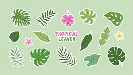 Set of stickers with tropical summer leaves and flowers.