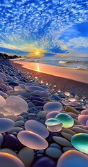 Obraz premium A surreal and visually captivating representation of beach landscapes adorned with vibrant, multicolored stones, pearls, or marbles. These dreamy coastal scenes blend natural beauty with a touch 
