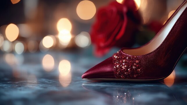 An elegant red high heel shoe embellished with jewels set against a blurred backdrop of roses, symbolizing luxury, beauty, and sophistication in fashion storytelling.