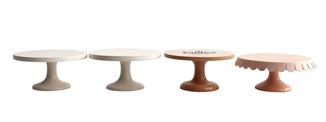 A set of three different colored cake stands