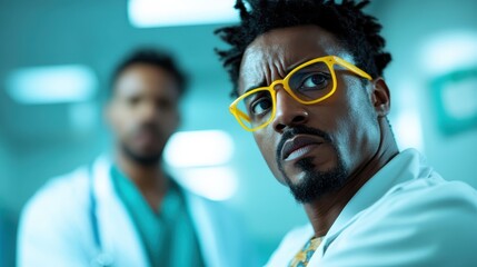 This powerful image depicts a man in a doctor's coat, showcasing intense emotions against a busy medical backdrop, reflecting the complexities of healthcare and human experience.