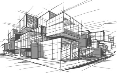 Modern Architectural hand-drawn draft Sketching Vector -  Building Complex with Geometric Lines - Urban Cityscape Drawing in Conceptual Style - Minimalist Office Tower Design - Transparent background.