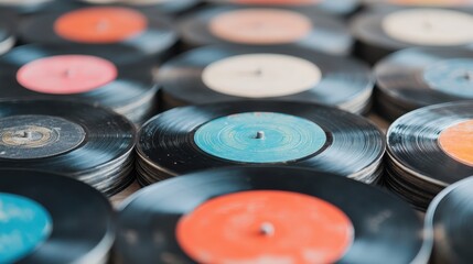 An array of vintage vinyl records laid out artfully, showcasing their vibrant labels and designs, evoking nostalgia and the rich history of music and audio culture.