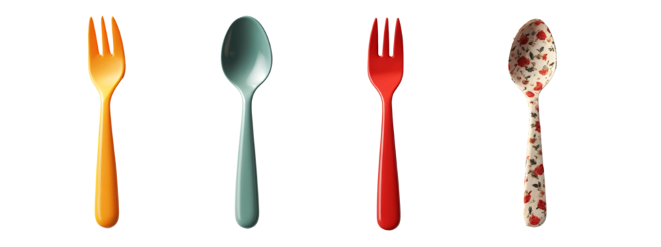 A set of four different colored spoons and forks
