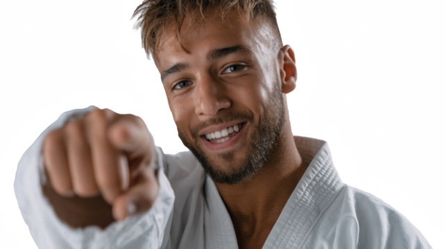 Confident Karate Expert: An athletic, confident male karate expert with dark hair points forward with a focused gaze and a determined expression, dressed in traditional white uniform.