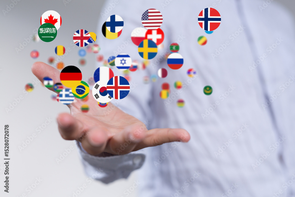 Poster image of diverse flags floating above a hand, symbolizing global reach and international collaborati