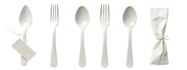 A set of white plastic cutlery with a tag attached to it.