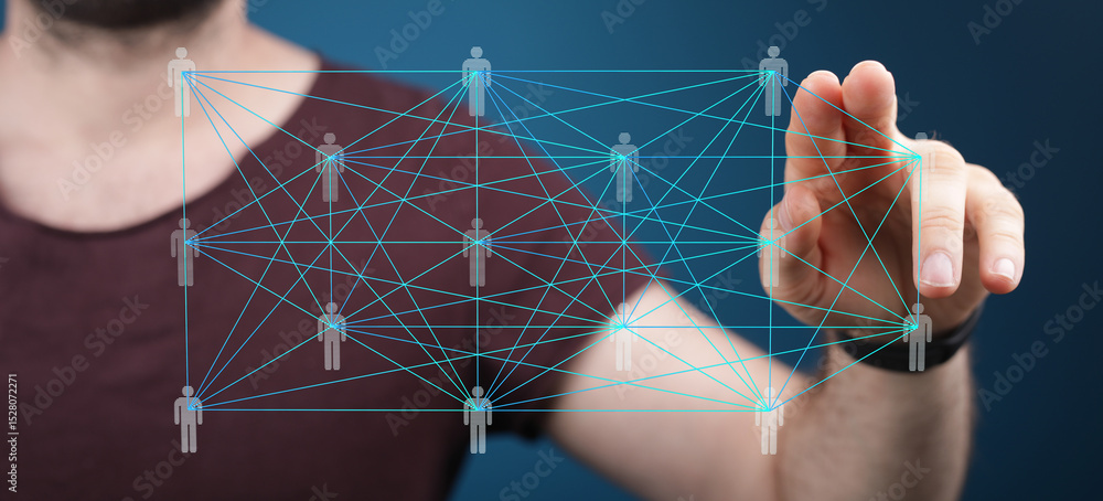 Poster digital illustration of a person interacting with a network graph, showcasing connections and relati